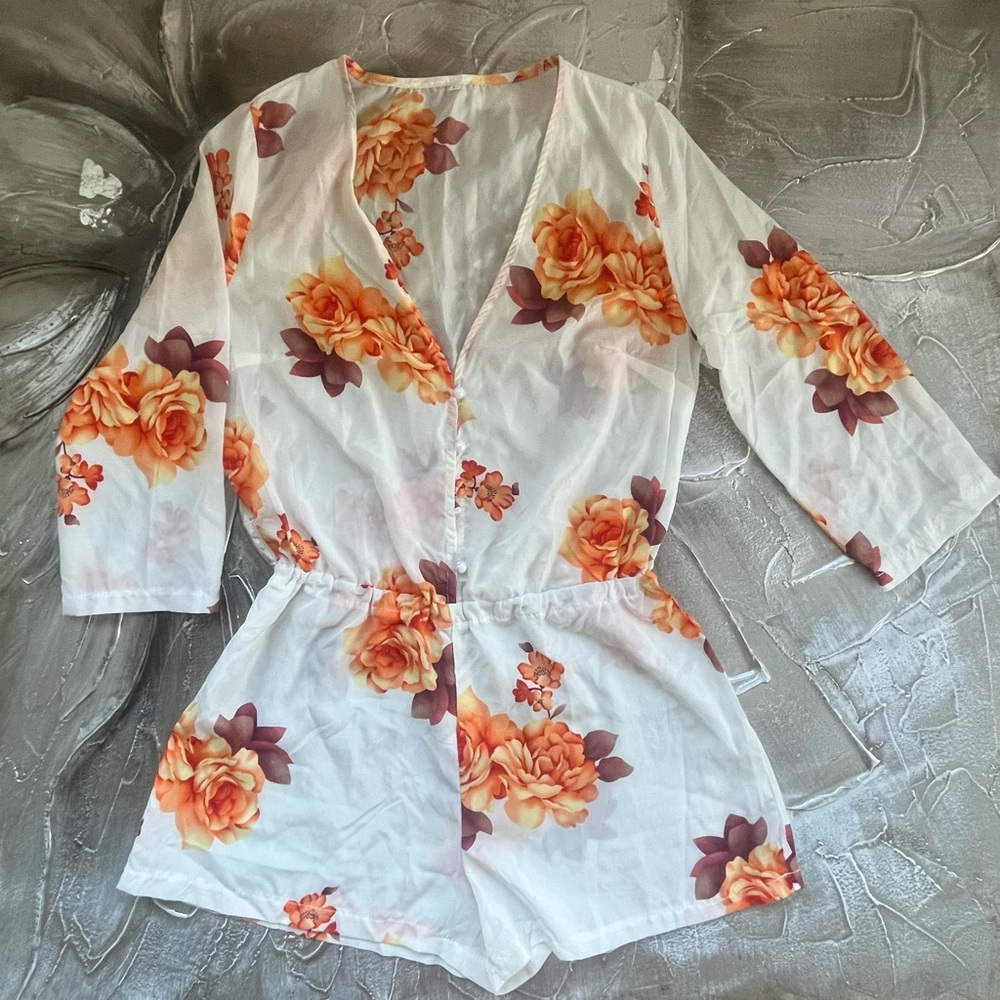 Sheer Floral & White Romper One Piece Button Up Jumpsuit Glam Swim Cover Up-New